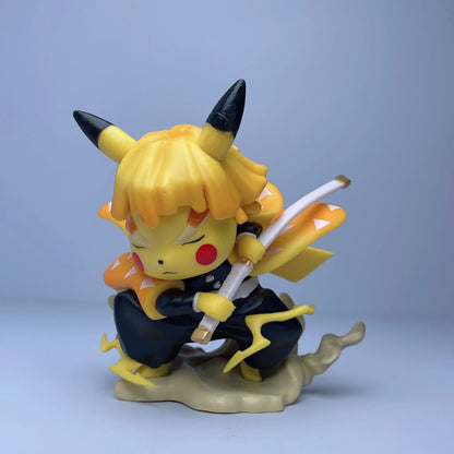 A Pikachu figure styled as Agatsuma Zenitsu, crouched and gripping a sword, with yellow hair, cape, and red cheeks.