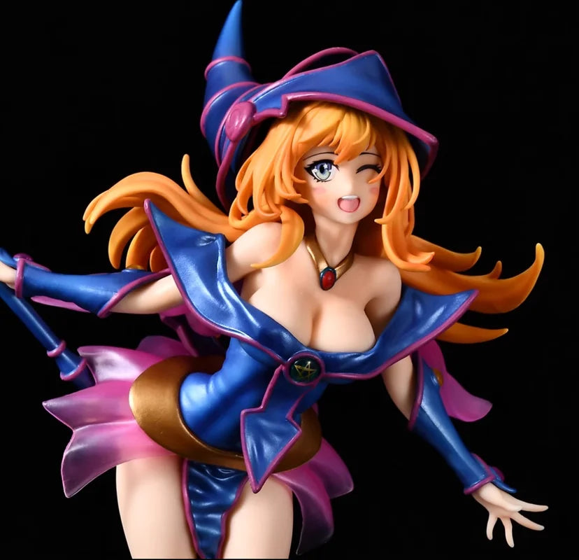 Anime figure with orange hair, winking expression, wearing blue and pink mage outfit with a tall pointed hat.