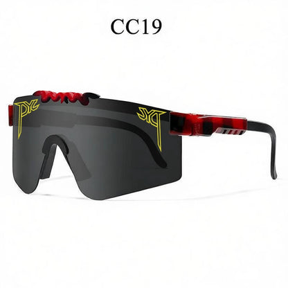 Black and red sport sunglasses with tinted lenses, yellow side logos, and "CC19" text above.