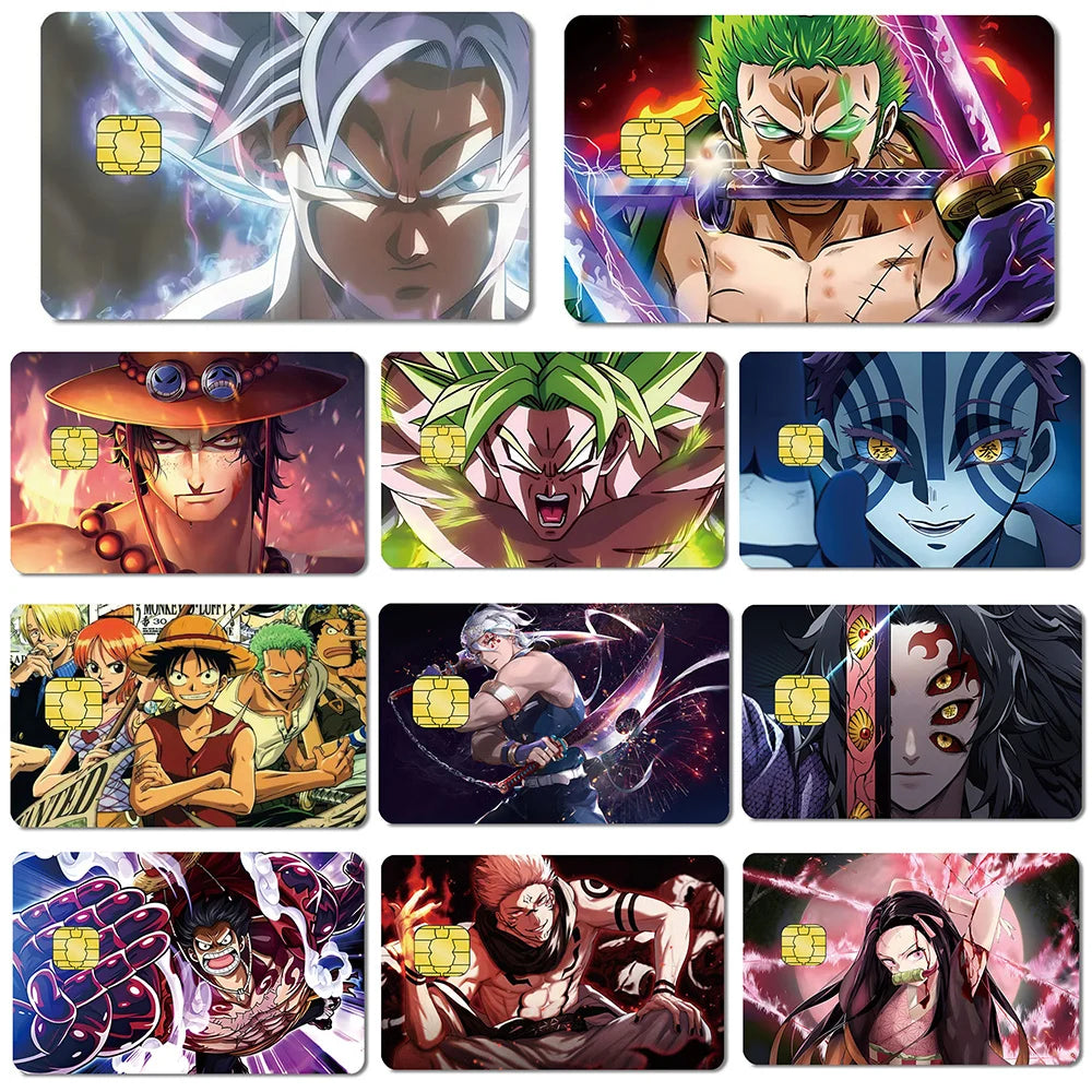 Anime credit card skins featuring colorful characters like Goku, Zoro, Luffy, and Nezuko with chip cutouts.