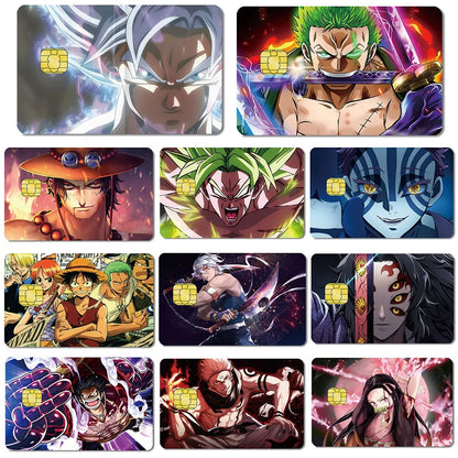 Anime credit card skins featuring colorful characters like Goku, Zoro, Luffy, and Nezuko with chip cutouts.