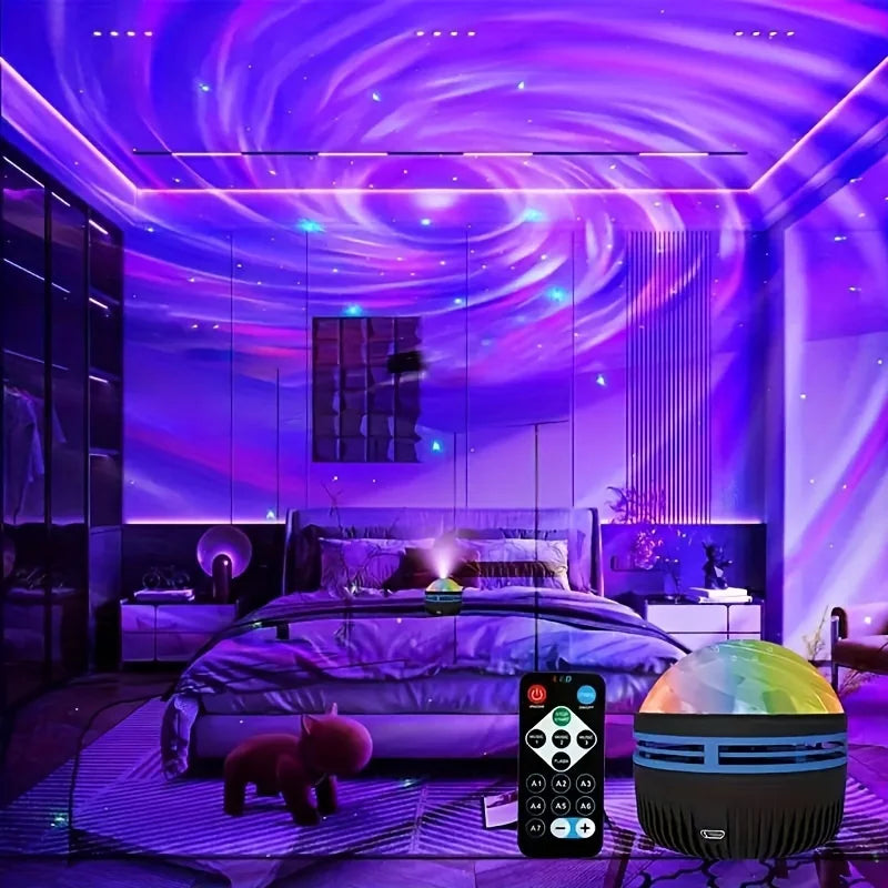 Galaxy projector casting purple-and-blue nebula lights across a bedroom, shown with its remote.