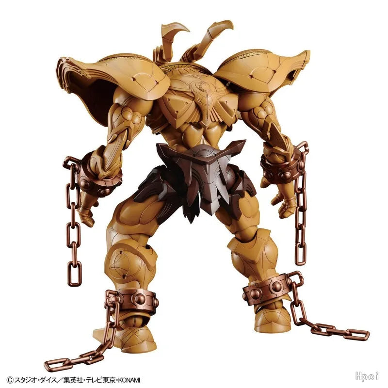 Monolithic brown plastic model kit with broad shoulders, arm and leg cuffs, dangling chains, and horned headwear.