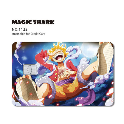 Anime card skin featuring a laughing blonde-haired character in a red jacket and orange pants, surrounded by clouds.