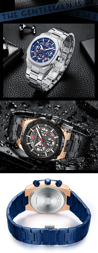 MINI FOCUS Motley Chronograph Quartz Watches Men Stainless Steel Business Sport Wristwatch with Luminous Hands Auto Date 0411