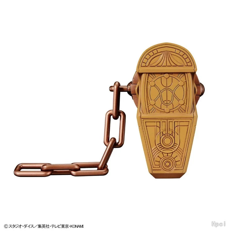 Metallic bronze model accessory with intricate ancient engravings attached to a matching linked chain.