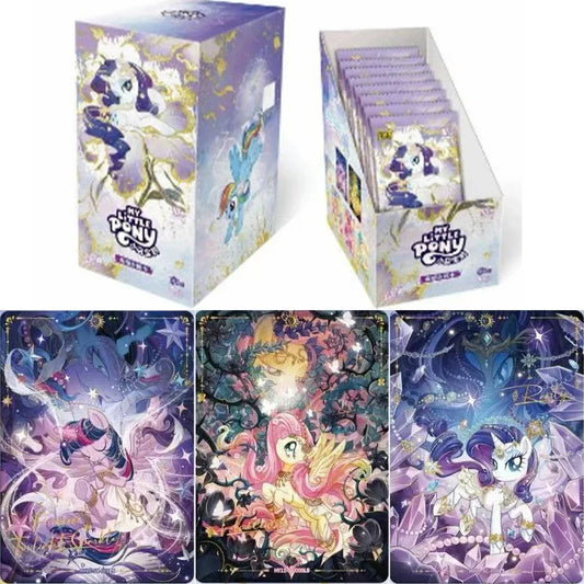 My Little Pony card box, open display pack, and three detailed, glittering character cards in purple, pink, and blue tones.