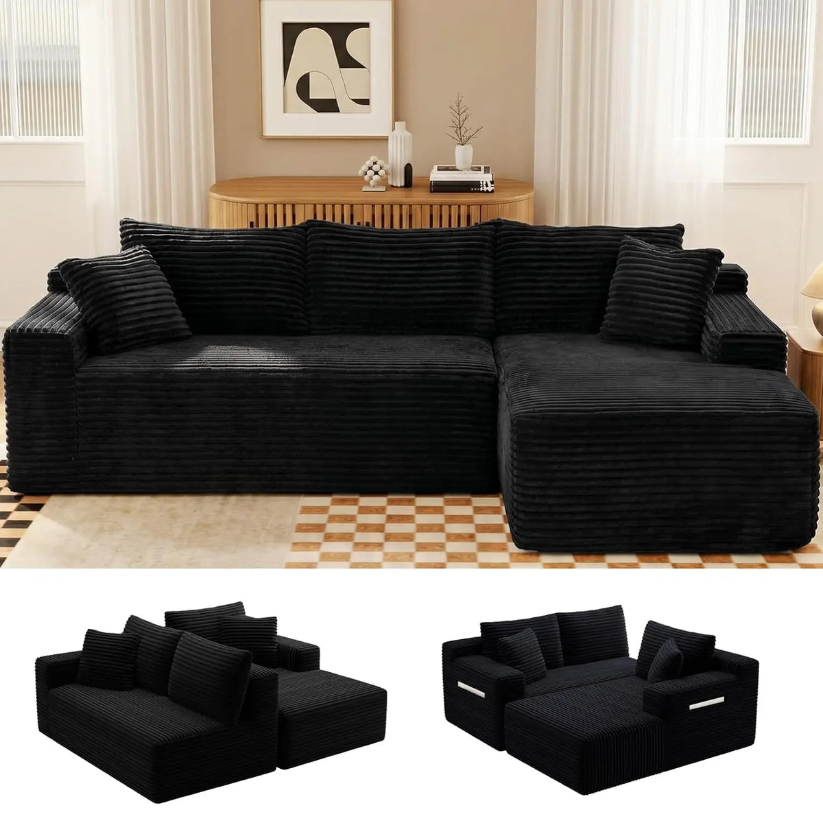 A black corduroy L-shaped sectional sofa with a chaise lounge, two matching throw pillows, and two smaller inset views.