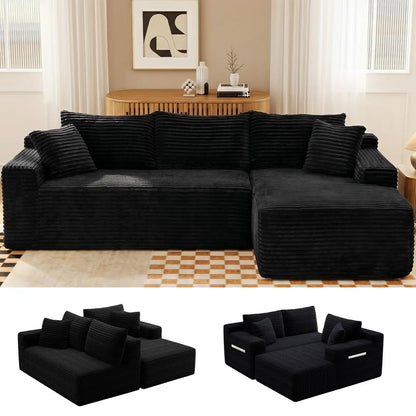 A black corduroy L-shaped sectional sofa with a chaise lounge, two matching throw pillows, and two smaller inset views.