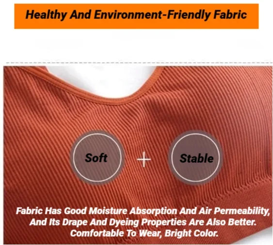 Orange seamless ribbed bralette with "Soft" and "Stable" labels.