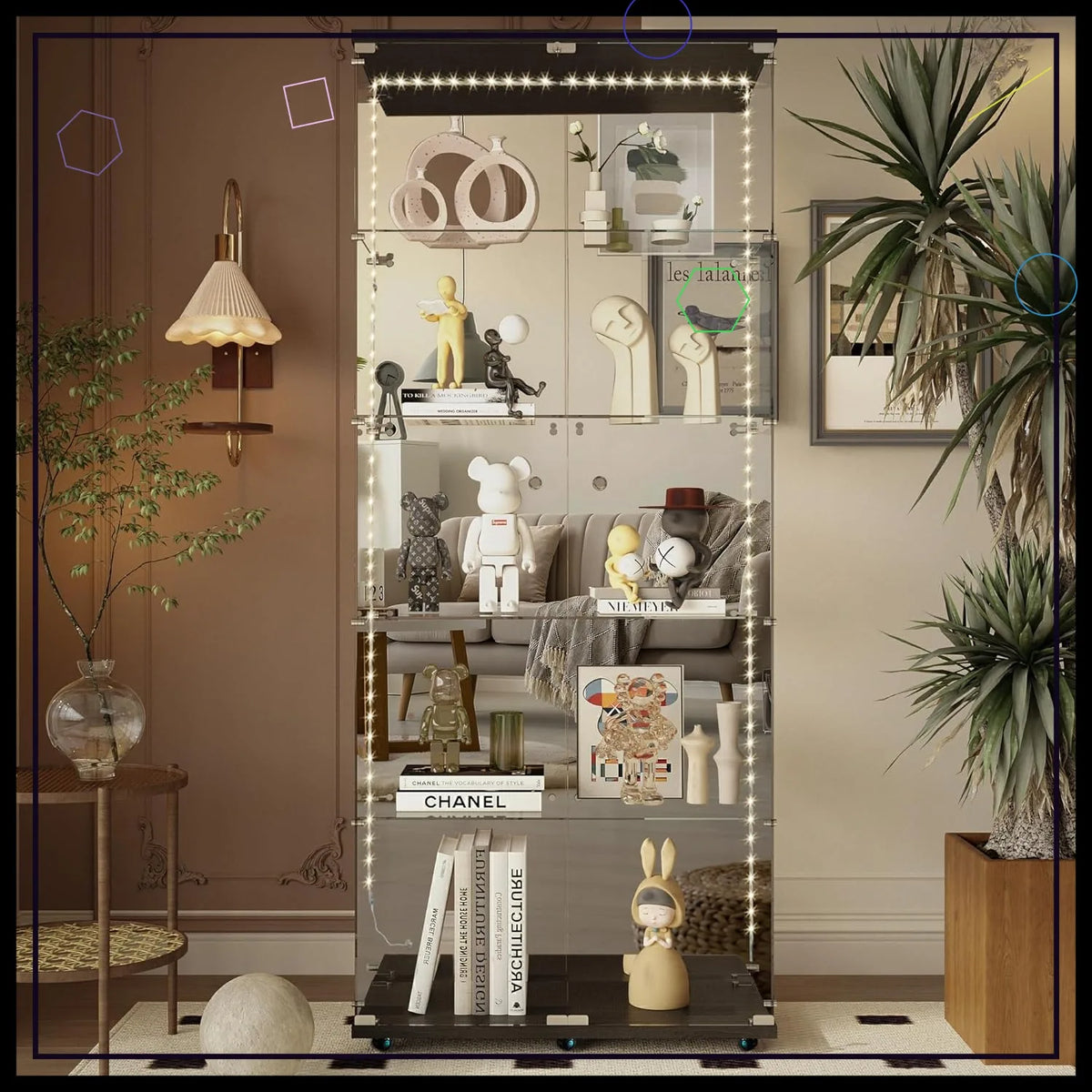 A black 5-tier glass display cabinet with lighted shelves and decorative items inside, set in a living room.