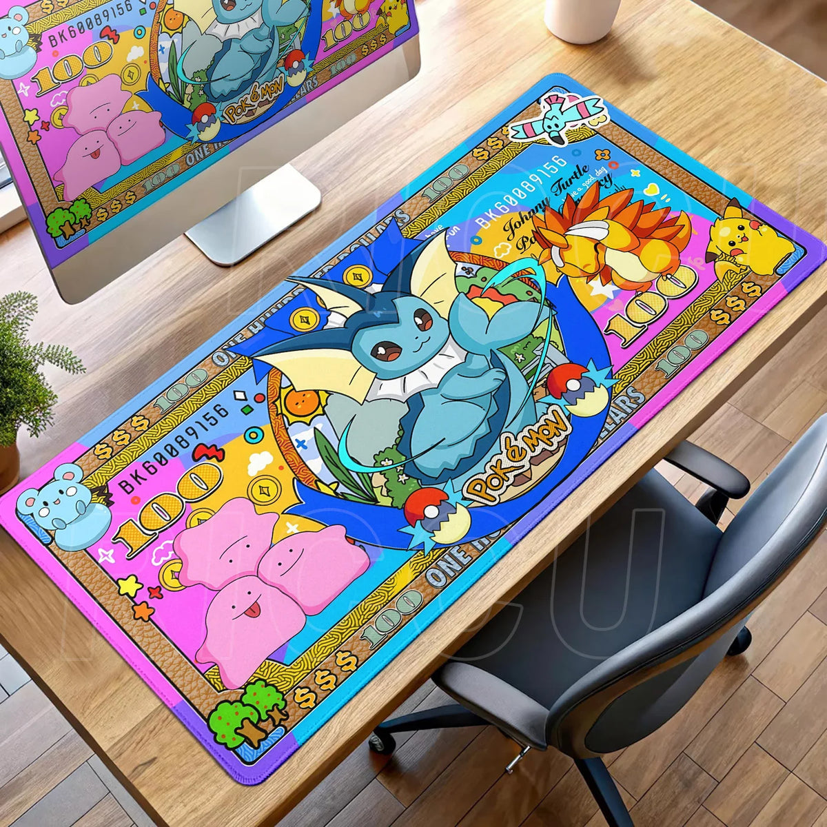 Colorful Pokémon bank note desk mat featuring Vaporeon, Ditto, and Pikachu in blue, pink, and yellow.