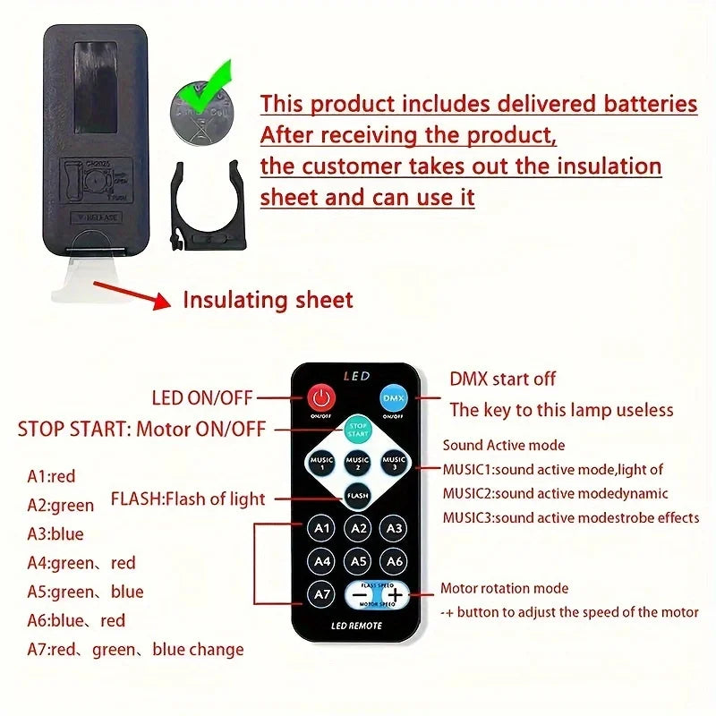 A black remote control and battery with text instructions and red arrows.