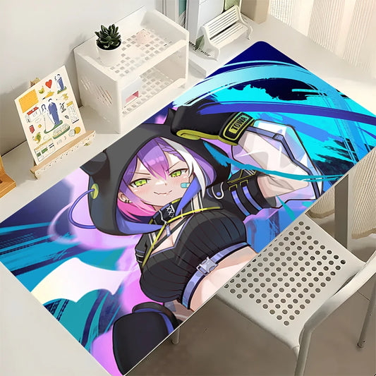 Tokoyami Towa desk mat featuring an anime girl with purple hair, black hoodie, and blue brushstroke background.