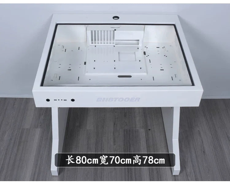 A white computer chassis integrated desk with a glass top, built-in components, and size overlay of 80x70x78cm.