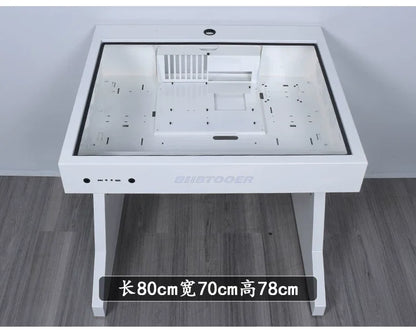 A white computer chassis integrated desk with a glass top, built-in components, and size overlay of 80x70x78cm.