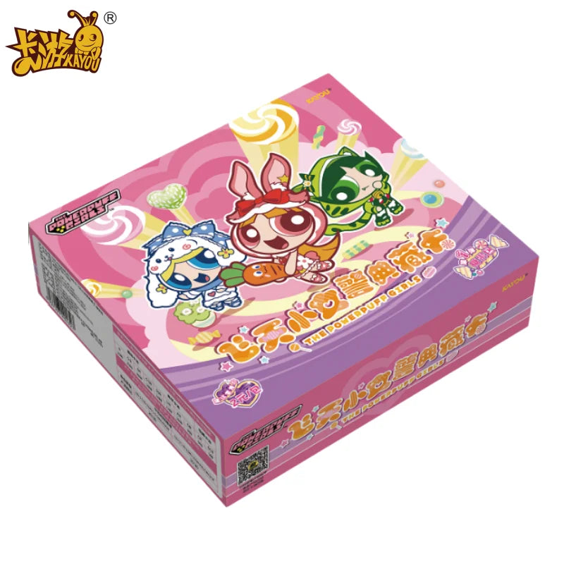 Pink Powerpuff Girls collectible card box featuring Blossom, Bubbles, and Buttercup with candy motifs.
