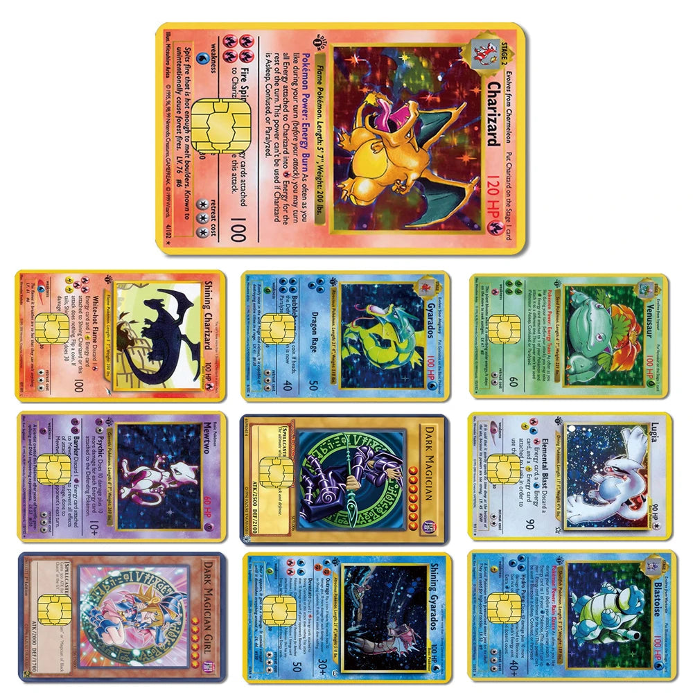 Ten colorful anime and Pokémon trading card skins with matte finishes and gold chip cutouts.
