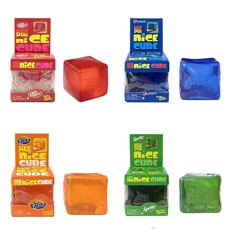 Schylling Needoh Nice Ice Baby 4 Pack Teenie Cube Fidget Relief Sensory Toy Cola Sprite Cube Squish Toy Maltose Non-toxic Gift
