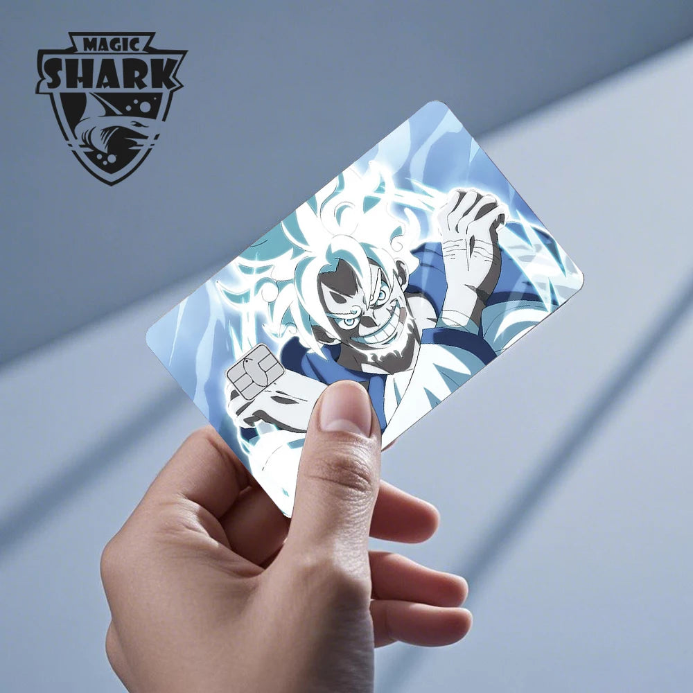 Anime card skin with blue and white design featuring a grinning character with glowing white hair.