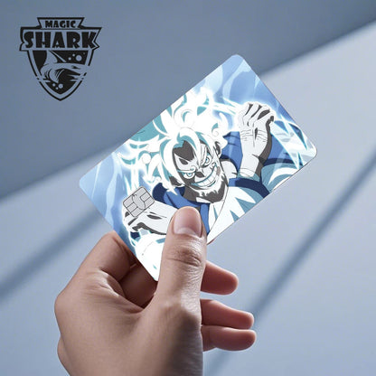 Anime card skin with blue and white design featuring a grinning character with glowing white hair.