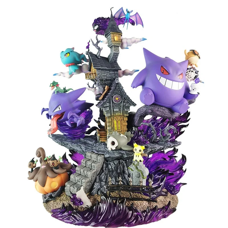 Gengar and ghost-type Pokémon surround a haunted stone mansion with purple flames on a rocky base.