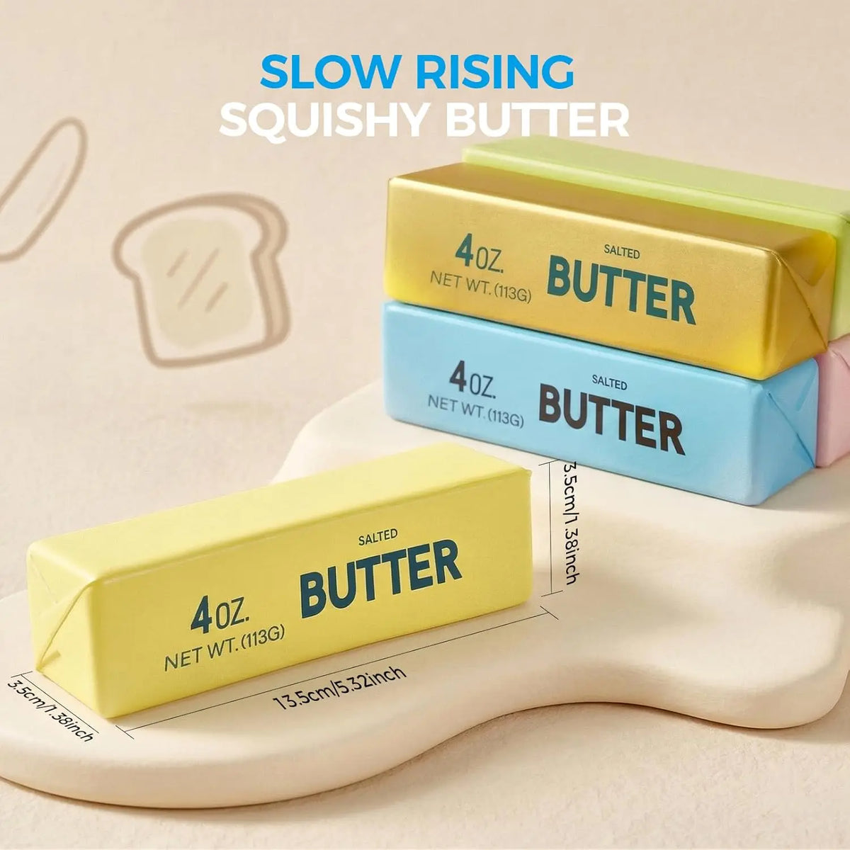 A yellow squishy butter stick reading "4oz SALTED BUTTER" with stacked gold and blue butter sticks behind it.
