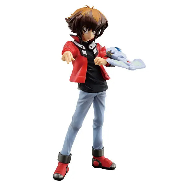 Jaden Yuki figure in a red and black jacket, light blue jeans, red boots, and a duel disk on his arm.