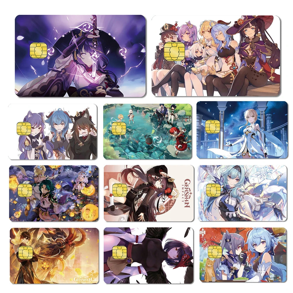 Ten matte PVC credit card skins featuring colorful anime illustrations with chip cutouts.