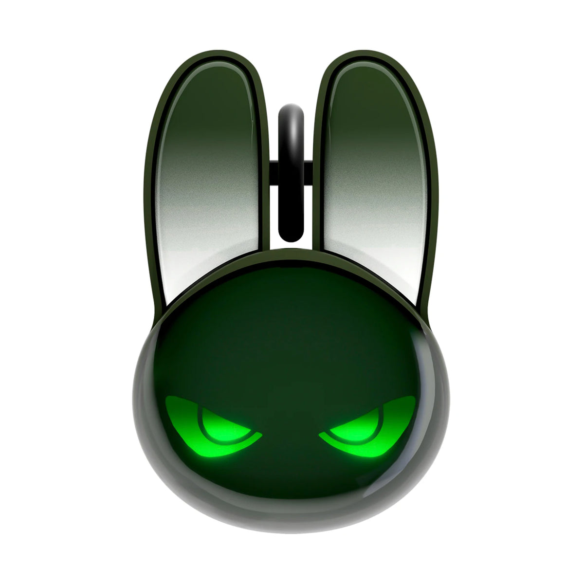 Black rabbit-shaped wireless mouse with glowing green eyes and a central scroll wheel between tall ears.