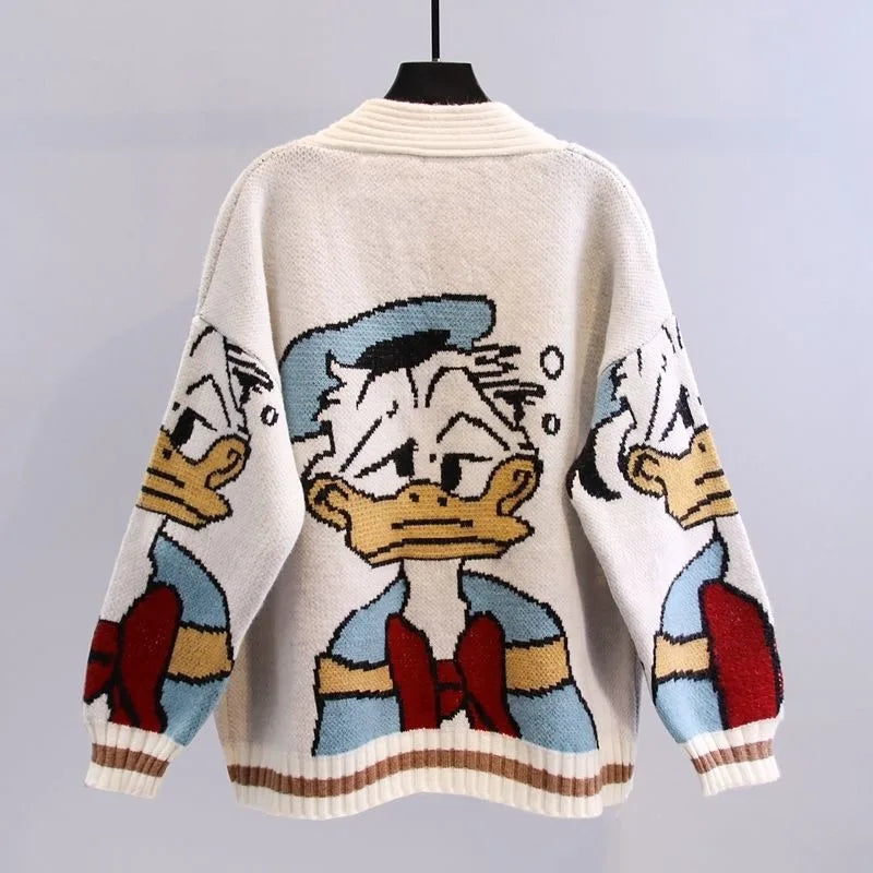 Spring/Autumn Cartoon-print Jacquard Jumper Loose-fitting Relaxed-fit Knitted Cardigan