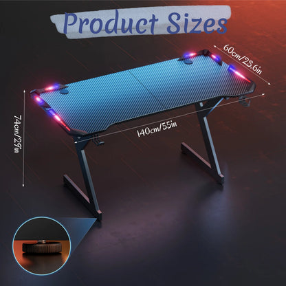 Black carbon-fiber gaming desk with red and blue LED lights and dimensions marked.