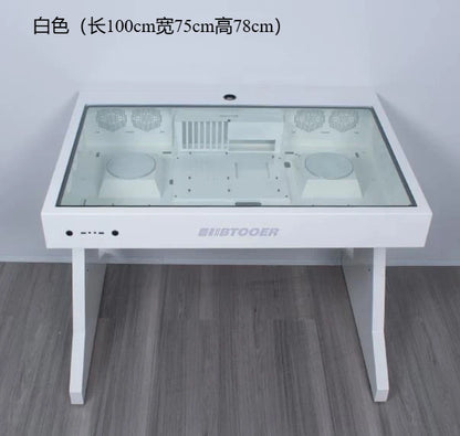 White computer desk with a glass top and internal components visible, featuring the text "BTOOER".