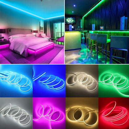 Flexible LED strip lights illuminate a bedroom, bar, and coiled loops in various colors including blue, white, pink, green, and red.