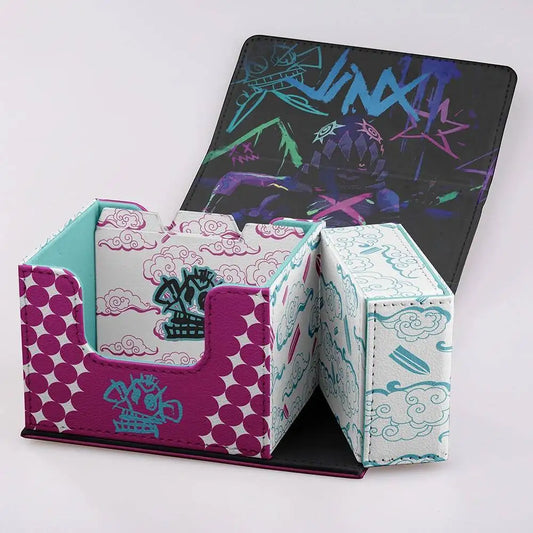 Open League of Legends Jinx card deck case with purple polka dots, white cloud art, and Jinx logo.