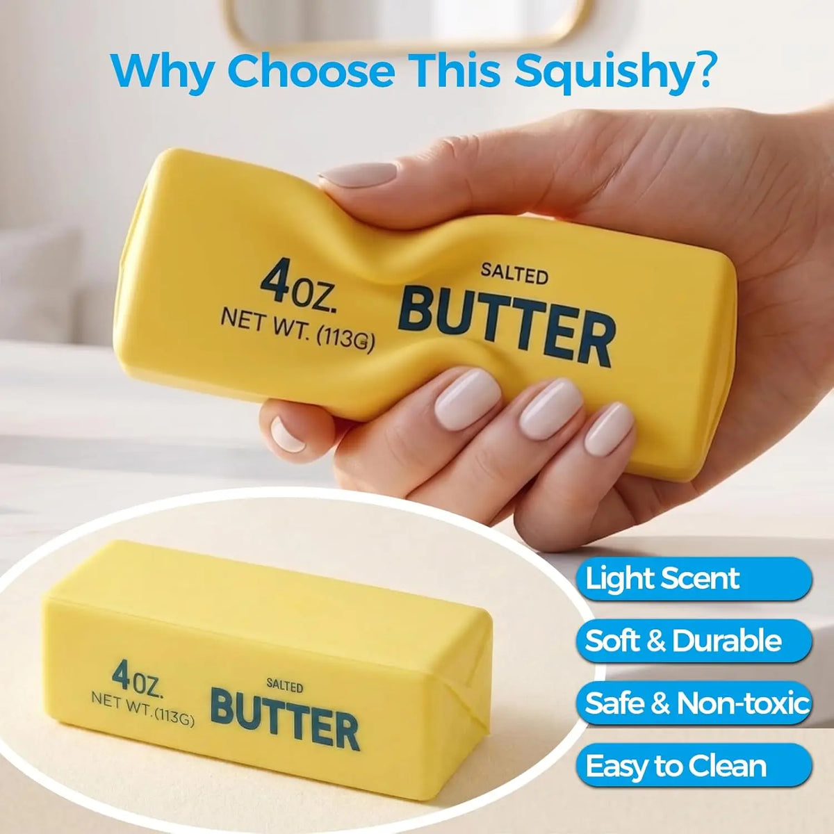 Hand squeezes a yellow stick of butter labeled "4oz. NET WT.(113G) SALTED BUTTER," indenting it.