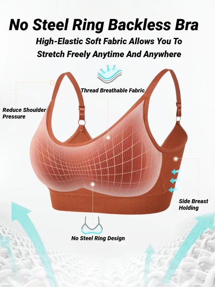 An orange, wireless, seamless bra with thin adjustable straps, highlighted with feature callouts and diagrams.