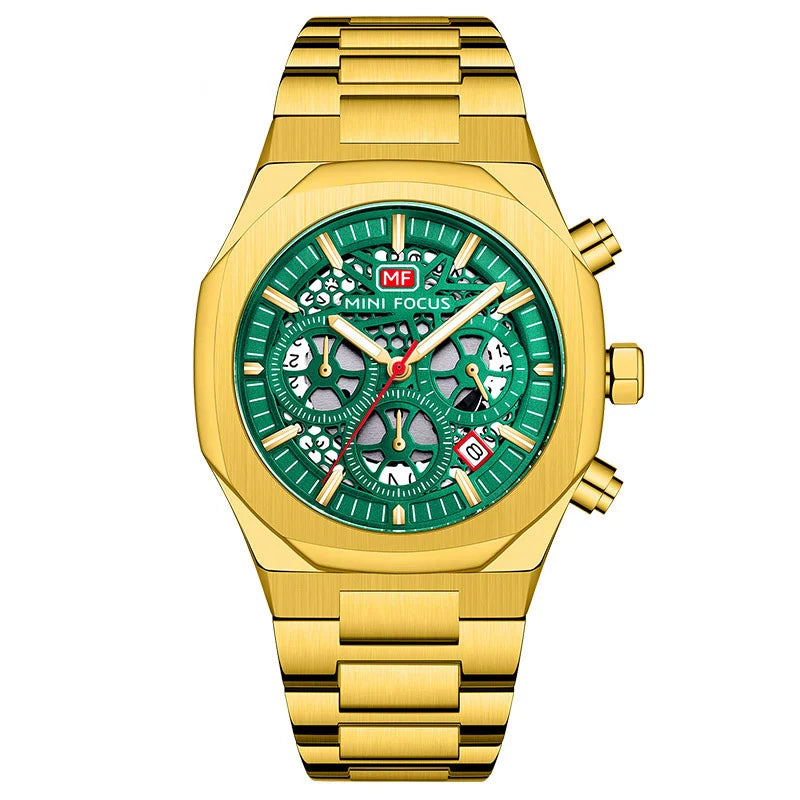 MINI FOCUS Motley Chronograph Quartz Watches Men Stainless Steel Business Sport Wristwatch with Luminous Hands Auto Date 0411