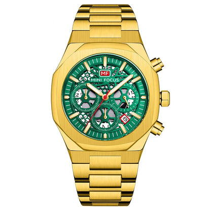 MINI FOCUS Motley Chronograph Quartz Watches Men Stainless Steel Business Sport Wristwatch with Luminous Hands Auto Date 0411