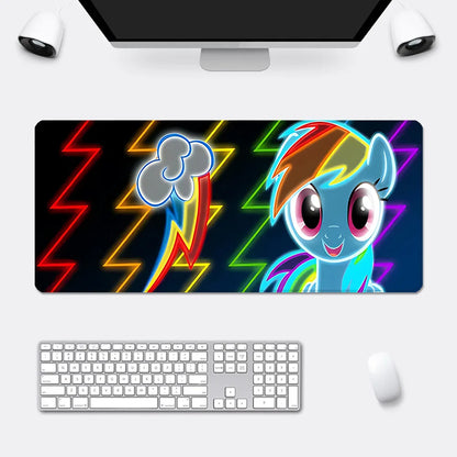 Neon-style Rainbow Dash from My Little Pony on a dark XXL desk mat with glowing rainbow lightning bolts.