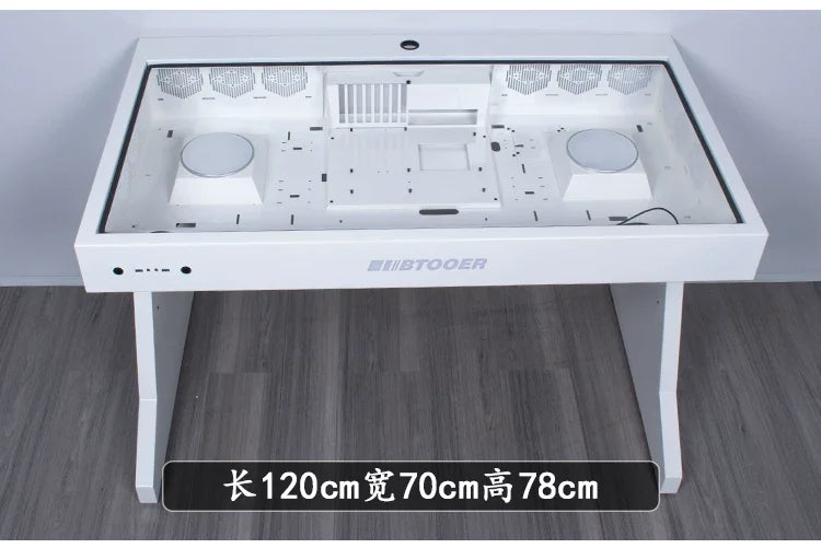 White computer chassis integrated desk with a glass top, dual PC mounts, and ventilation slots.