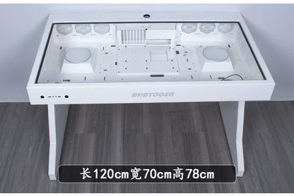 White computer chassis integrated desk with a glass top, dual PC mounts, and ventilation slots.