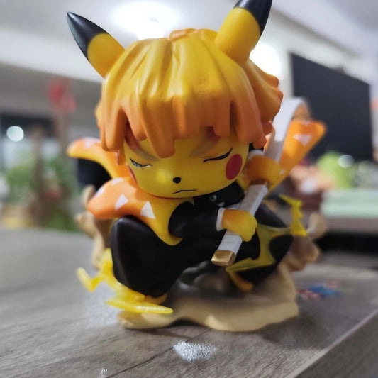 Pikachu-Agatsuma Zenitsu mashup figurine crouches, holding a sword, featuring yellow hair, black-and-orange haori, and lightning effects.
