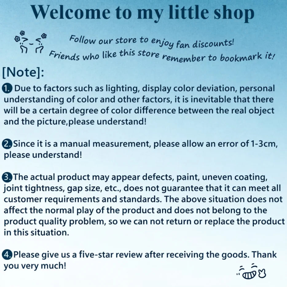 Blue banner with black text: "Welcome to my little shop" and store policies.