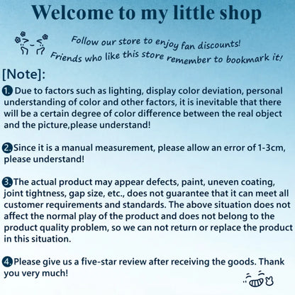 Blue banner with black text: "Welcome to my little shop" and store policies.