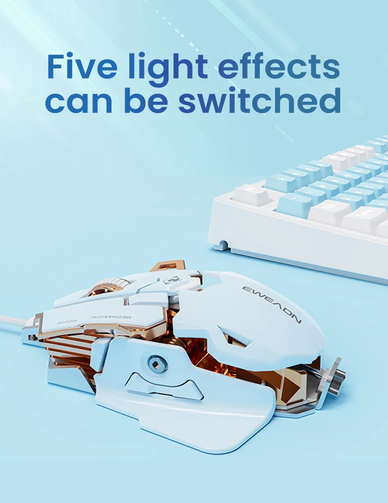 White and gold EWEADN G5 wired gaming mouse featuring an angular, mechanical design on a blue background.