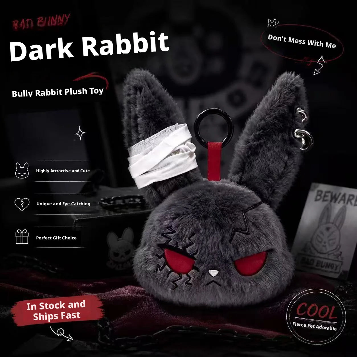 Gothic Bunny Plush Keychain Rabbit Bag Charm with Bandage Design Kawaii Key Ring Pendant Car Bag Ornament Gift