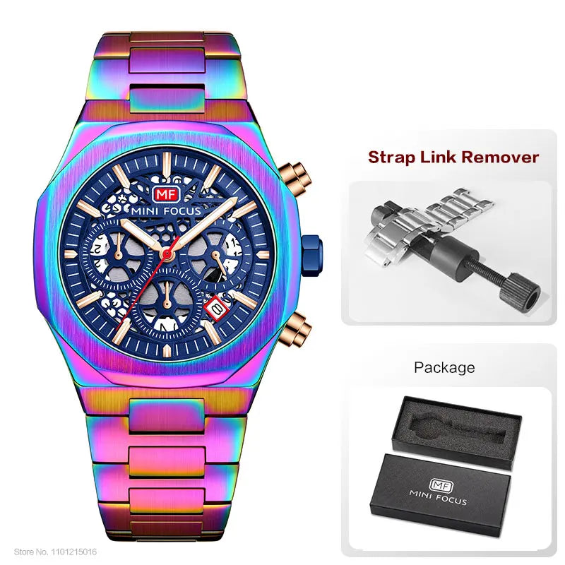 MINI FOCUS Motley Chronograph Quartz Watches Men Stainless Steel Business Sport Wristwatch with Luminous Hands Auto Date 0411