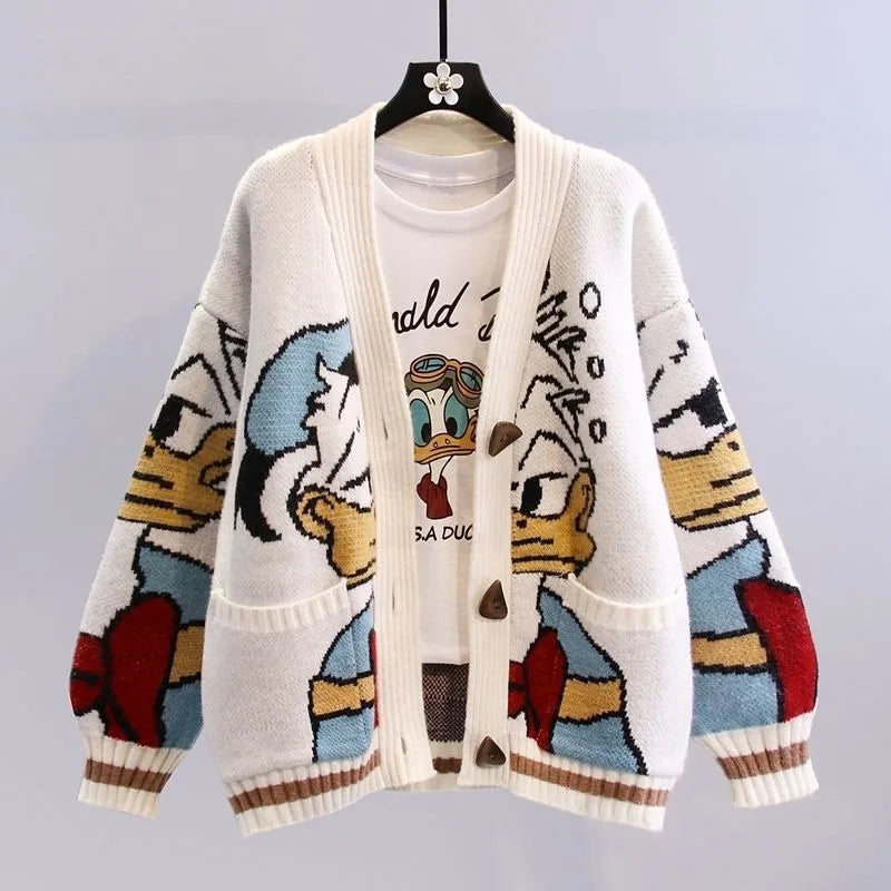 Spring/Autumn Cartoon-print Jacquard Jumper Loose-fitting Relaxed-fit Knitted Cardigan