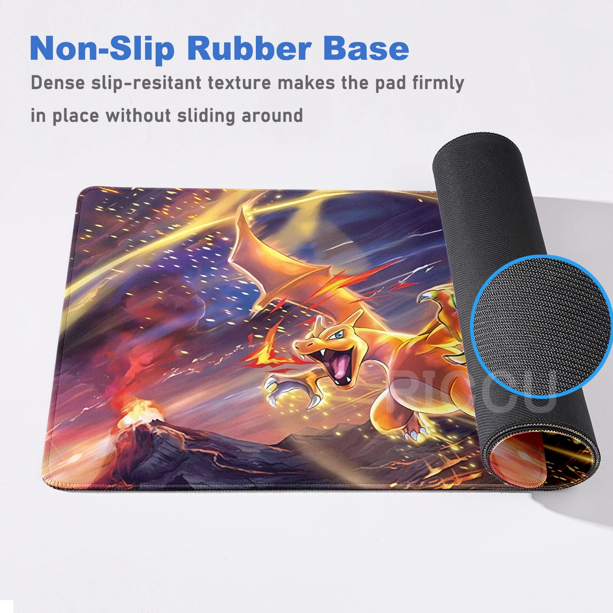 Charizard desk mat with a volcano scene and a textured, non-slip rubber base.